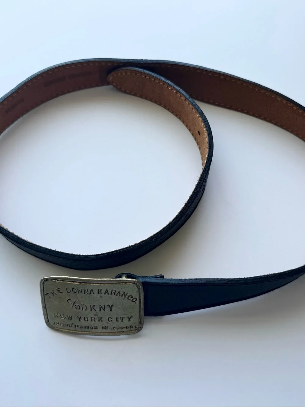 Donna Karan Black Leather Belt with Brass Plaque Buckle